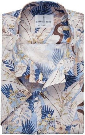 Emanuel Berg Modern Fit Floral Short Sleeve Cotton & Linen Blend Button-Up Shirt in Blue at Nordstrom Rack, Size Large/x-Large