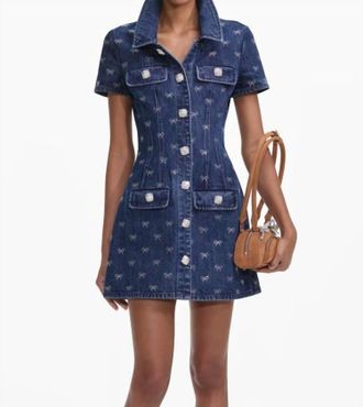 Self Portrait Denim Diamante Bow Mini Dress In Blue