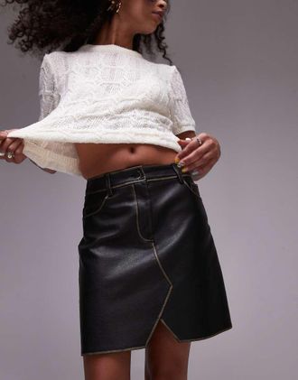 Topshop faux leather denim style v front mini skirt in washed dark brown