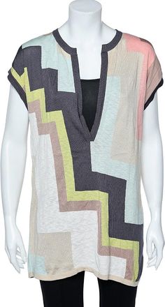 M Missoni Multicolor Geometric Pattern Cotton Knit Plunging Neck Top