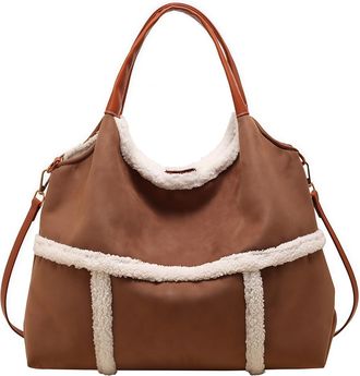 Generic Suede Tote Bag for Women Trendy Vintage Large Capacity Shoulder Crossbody Handbag Purse Sherpa Wool Lined Bag for Work Travel (Brown)