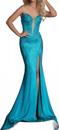 Portia & Scarlett Illusion Plunge Fitted Gown In Turquoise