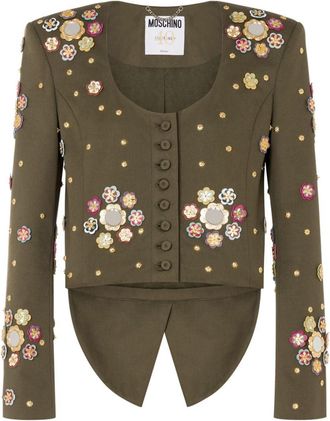 Moschino floral-appliqu&eacute; cropped jacket - women - Cotton/Elastane - 38 - Green