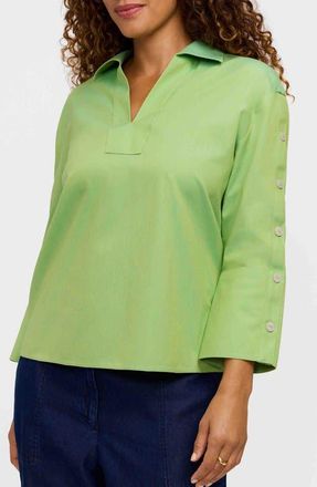 Foxcroft Lainey Button Accent Cotton Popover Top in Mojito Green at Nordstrom, Size X-Large