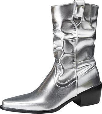 Generic Womens Western Fringe Knee High Boots Pointed Toe Faux Suede Chunky Block Heels Studded Cowboy Style Non Slip Comfortable Durable Daily Party,Silver,3