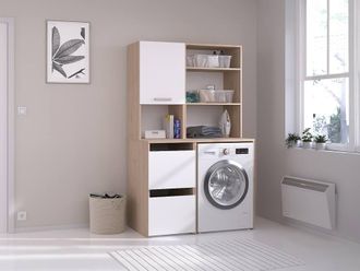 Vente-Unique Washing Machine Cabinet With Shelves & Cupboards - Light Natural and in Light Oak