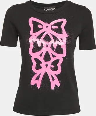 Moschino Boutique Moschino Black Bow Print Cotton Crew-Neck T-Shirt