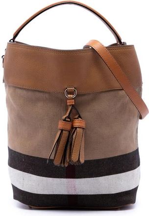Burberry Pre-owned Burberry Medium Mega Check Canvas and Grained Calfskin Ashby Tassel Bucket Bag Ladies QM5BTP9DPLSC6NTG