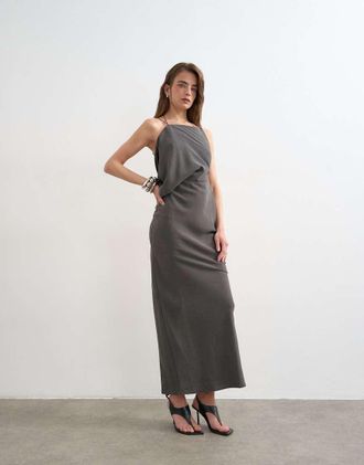 Topshop Vestito lungo grigio asimmetrico con arricciature laterali-Nessun colore