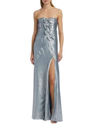 LoveShackFancy Elmina Bow-Embellished Strapless Dress In Metallic Baby Blue