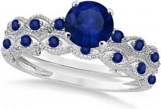 Allurez Vintage Blue Sapphire Engagement Ring Bridal Set 14k White Gold 1.36ct