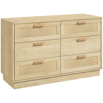 OEM C&oacute;moda De Madera Con 6 Cajones De Rejilla De Rat&aacute;n Estilo Bohemio Mueble Cajonera Para Sal&oacute;n Oficina 110x40x69 Cm Roble