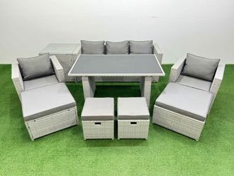Fimous Patio Garden Furniture Sets with Black Glass Top Dining Table Armchair in Light Grey