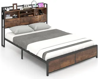 Costway Estructura Cama 220x140cm, Cama Doble De Metal Con Estaci&oacute;n De Carga, Cabecero De Estanter&iacute;a De 3 Niveles, Cama Matrimonial Marr&oacute;n Vintage - Costway