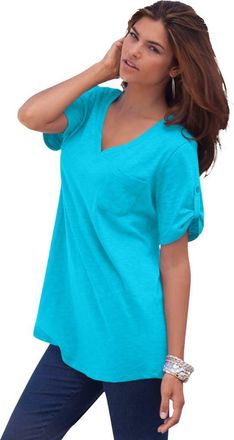 Roaman's Plus Size Slub V Neck Boyfriend Tunic Top in Ocean at Nordstrom, Size Medium