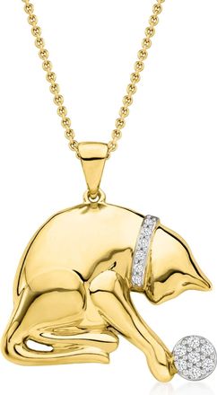 Ross-Simons Diamond Playing Cat Pendant Necklace in 18kt Gold Over Sterling