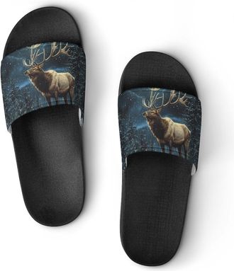 Generic Deer in Winter Moon Shower Shoes Slipper for Women Men Beach Slippers Quick Drying Non Slip Open-Toe Sandals