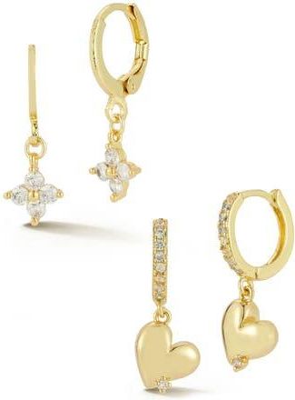 Glaze Jewelry Set of 2 Cubic Zirconia Clover & Heart Drop Huggie Hoop Earrings in Gold at Nordstrom Rack