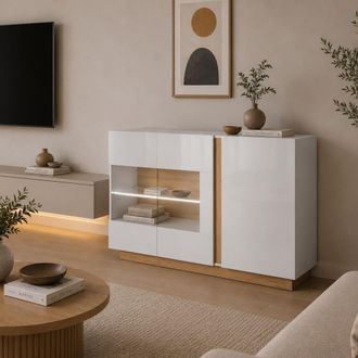 Dmora Aparador Haka, Armario 3 Estantes, Puerta Abatible, 3 Puertas, 138x40x91h Cm Blanco Brillante