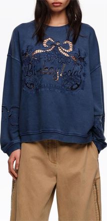 Bimba & Lola Faded Sweatshirt With Maxi Broderie Anglaise Logo in Blue at Nordstrom, Size X-Small