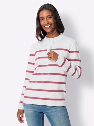 Heine Stehkragenpullover HEINE Pullover, Damen, Gr. 34, lila (erika, wei&szlig;, gestreift), 50% Viskose, 25% Polyester, 25% Polyamid, gemustert, gestreift, Pullo