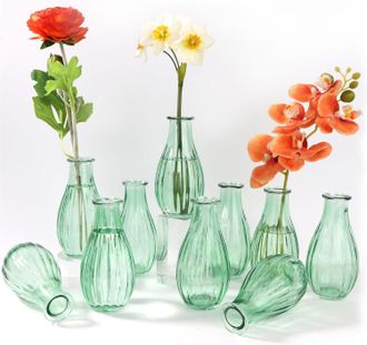 OEM Juego De 10 Mini Jarrones De Cristal, 220 Ml, Varios Tama&ntilde;os, Cord&oacute;n Incluido, Decoraci&oacute;n De Mesa Verde
