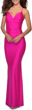 La Femme Neon Dress with Ruching and Strappy Back in Neon Pink at Nordstrom, Size 00