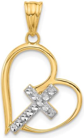 Diamond2Deal 14k Yellow Gold White Rhodium Diamond-cut Cross in Heart Pendant