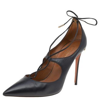 Aquazzura Black Leather Christy Lace Ankle Wrap Pumps