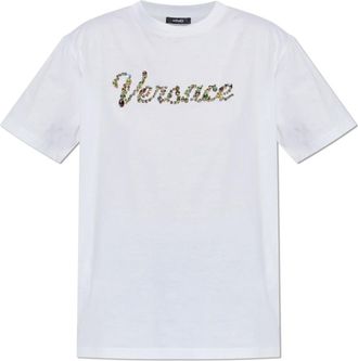 Versace Geborduurde T-shirt van katoenjersey - Dames - T-shirts - Wit - S - Katoen - Tops