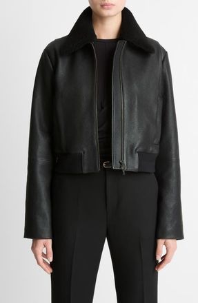 Vince Shrunken Leather Jacket with Genuine Shearling Collar in Black at Nordstrom, Size Large