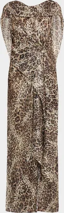 Talbot Runhof Metallic Leopard-Print Draped Maxi Dress