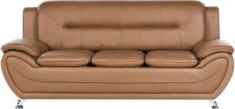 Beliani 3 Seater Sofa Golden Brown Vegan Eco Leather Couch Arms Silver Metal Legs Easy Clean Modern Glam Style Living Room LEIRA