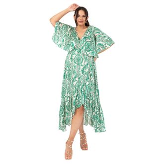 Lovedrobe Womens Ladies Midaxi Dress V-Neck Cape Sleeve Abstract Floral Print Ruffle Hi Low Hem Wrap Belted A-line Green 16