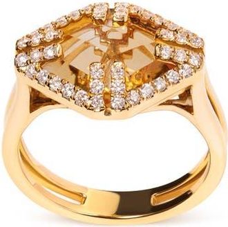 House of Brilliance 14K Gold Citrine & 1/3 Cttw Diamond Halo Cocktail Ring in Yellow at Nordstrom