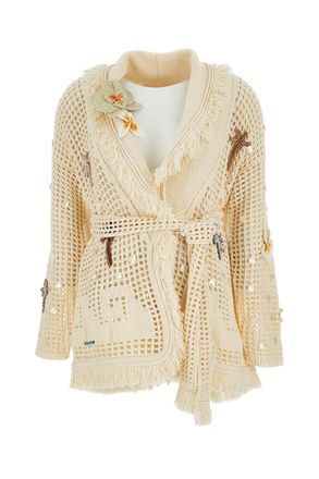 Alanui Intricately Stitched Long Cardigan with Mother-of-Pearl Accents