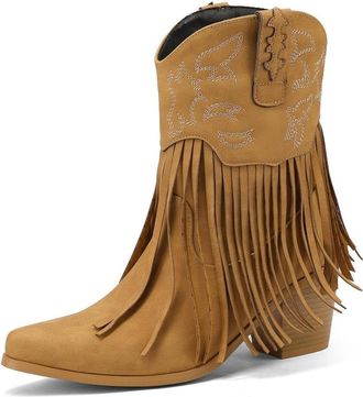 Generic Womens Retro Pointed Toe Faux Leather Cowboy Ankle Boots Medium Block Heels Tassel Embroidery Comfortable Non-Slip Wear-Resistant For Western Style Da