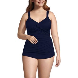 Lands End SlenderSuit V-Neck Skirted Low Leg One Piece in Deep Sea Navy at Nordstrom, Size 24W