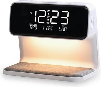 OEM Luz Nocturna - Despertador - Con Cargador Inal&aacute;mbrico Qi 15 W - Pantalla Led - Term&oacute;metro Ambiental - Para Mesita De Noche - Blanco - 1 Unidad