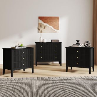 Melody Maison Wide 3 Drawer Chest Of Drawers & Pair Of Large Bedside Tables - Hales Black Range