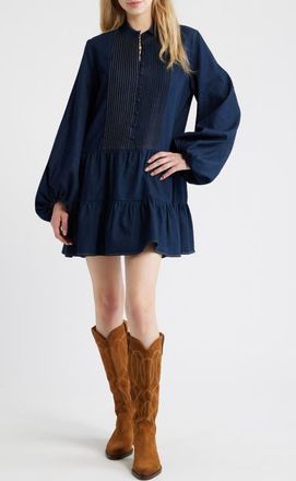 Bardot Antonia Long Sleeve Chambray Minidress in Dark Blue at Nordstrom, Size 12