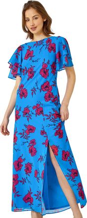 Roman Womens Floral Tiered Sleeve Maxi Dress - Blue - Size 10 UK