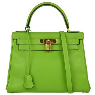 Herm&egrave;s Kelly Handbag Green Gulliver With Gold Hardware Green Leather Handbag (Pre-Owned)