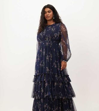 Lace & Beads Plus vestito lungo a strati in tulle trasparente con maniche a palloncino e allacciatura in vita a fiori-Multicolore