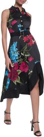Karl Lagerfeld Floral Print Asymmetric Midi Dress in Black Port Multi at Nordstrom, Size 6