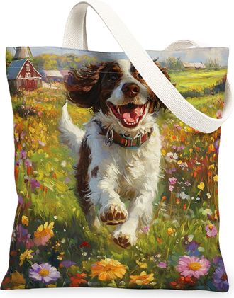 Generic Spring Springer Spaniel Dog Canvas Tote Bag for Shopping 13x15, Country Garden Puppy Reusable Grocery Print Pattern Bag for Women, Fun Flower Pet Beac