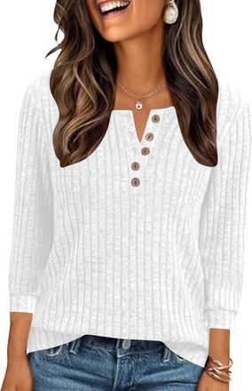 Generic Womens Jumpers Front Button 3/4 Sleeve V Neck Fall Sweaters for Women Knitted Striped Loose Fit Tops Cozy Lightweight Ladies Sweatshirts Pullover Fash