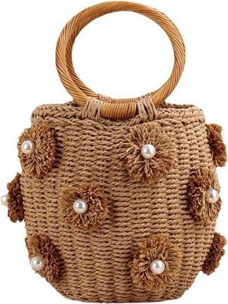 Generic Women Handmade Woven Bag with Pearls Drawstring Wrist Purse Bohemia Bucket Handbag Summer Holiday Beach Bag (Camel)
