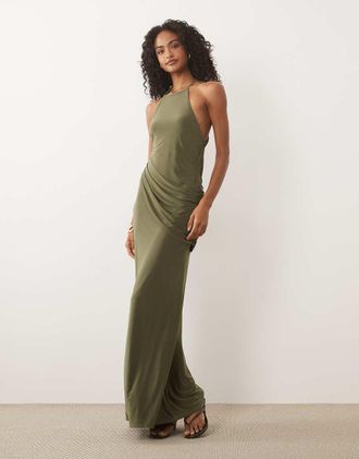 Asos Vestito lungo sinuoso kaki allacciato al collo con dettaglio drappeggiato-Verde