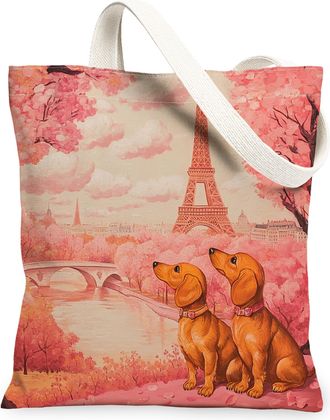 Generic Valentines Day German Shepherd Dog Canvas Tote Bag for Shopping 13x15, Eiffel Tower Puppy Reusable Grocery Print Bag for Women, Couple Beach Aesthetic